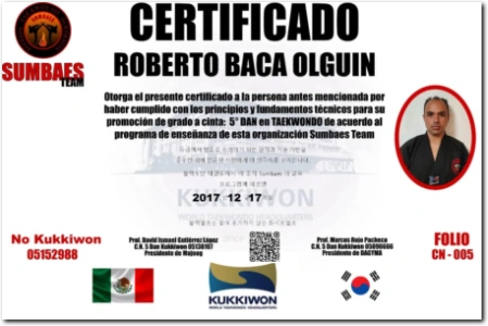 Certificado Roberto Baca 5° Dan